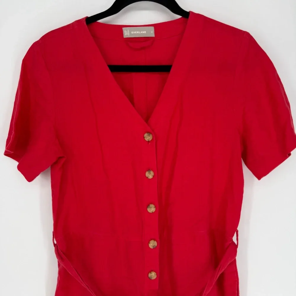 EVERLANE LINEN SHORT SLEEVE JUMPSUIT RED SIZE 2‎ BELTED LOOSE FIT 100% LINEN